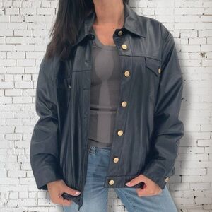 RALPH LAUREN Vintage 100% Leather Button Front Jacket Navy Blue & Gold Sz. Small